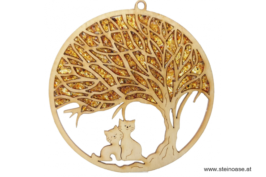 Fensterbild Suncatcher Bernstein - KATZEN unter BAUM Ø 11cm
